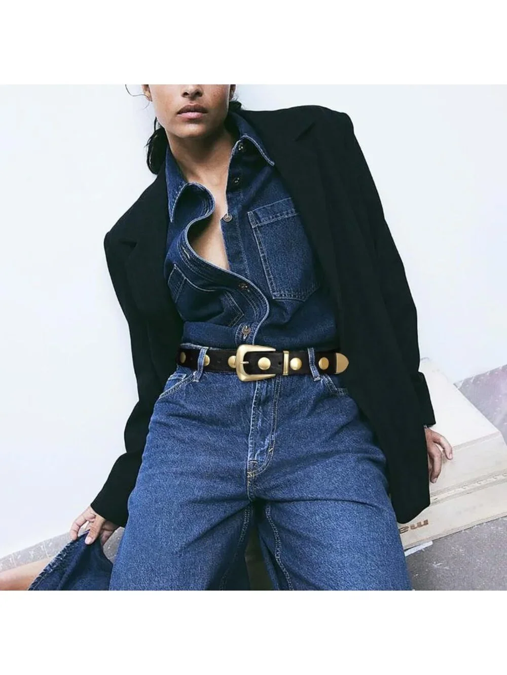 Stylish Black Leather Belt with Gold Buckle - Punk Studded Waist Belt for Jeans